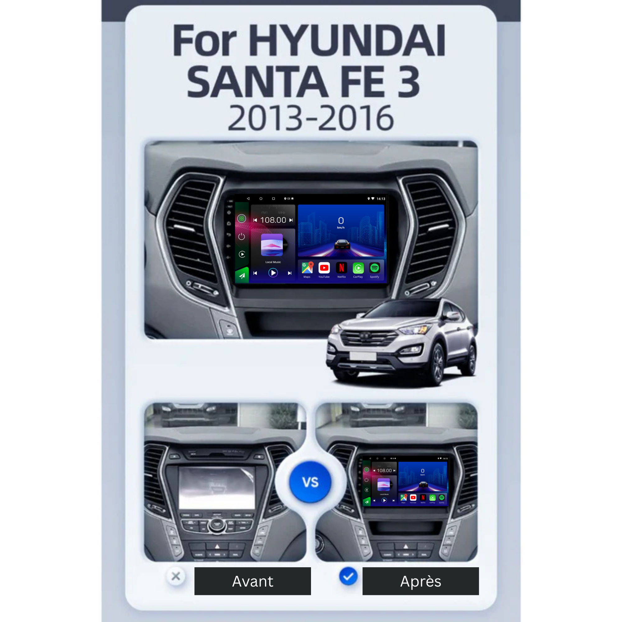 Autoradio Android 15 Movyro pour Hyundai Santa Fe 2013-2016 avec Apple CarPlay et Android Auto, compatible avec plusieurs modèles GMC et Chevrolet.