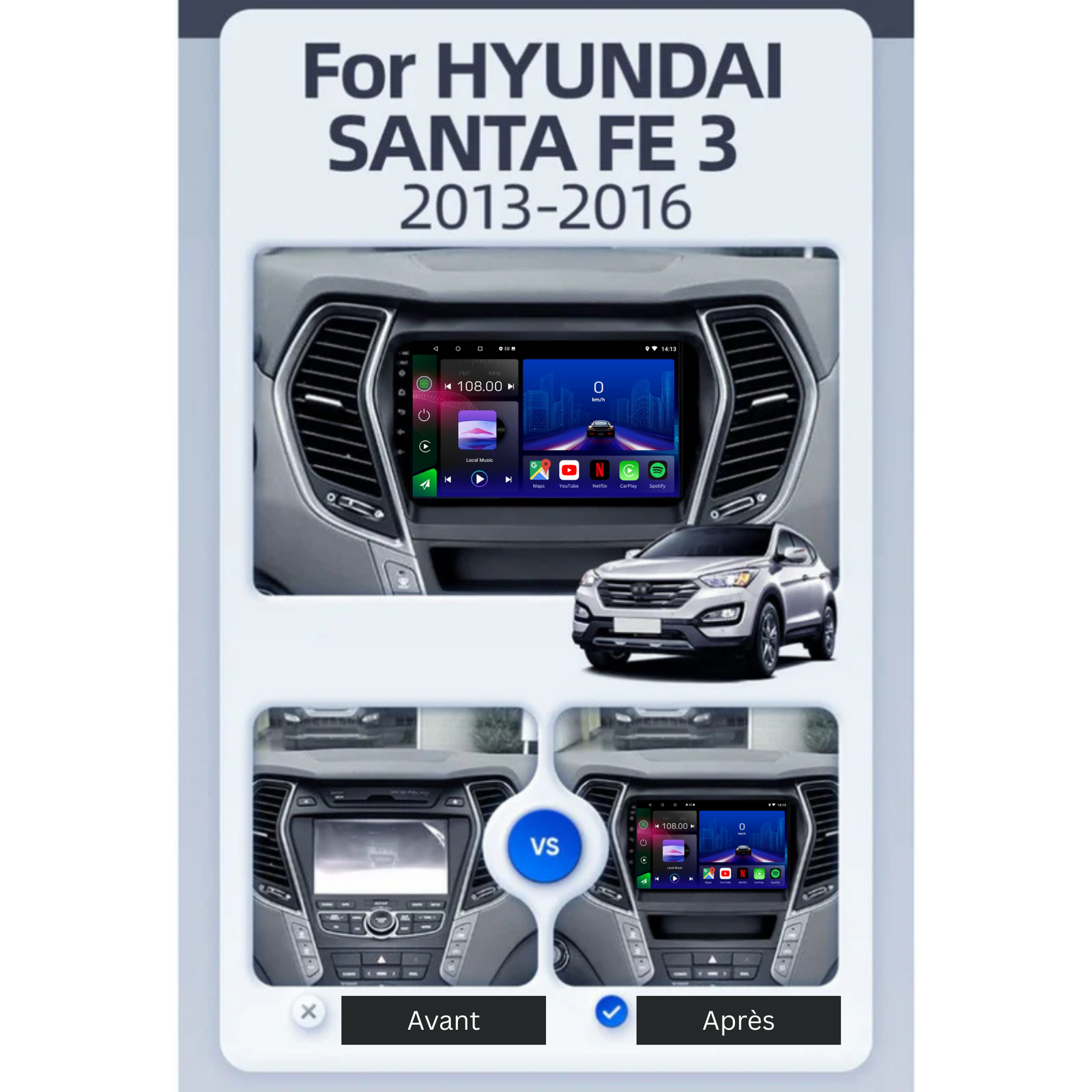 Autoradio Android 15 Movyro pour Hyundai Santa Fe 2013-2016 avec Apple CarPlay et Android Auto, compatible avec plusieurs modèles GMC et Chevrolet.