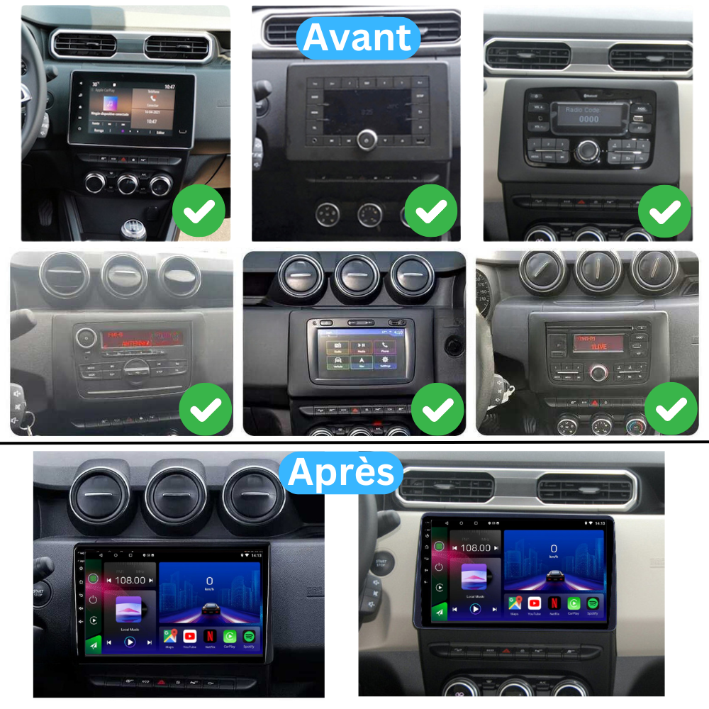 Autoradio Movyro Android 15 avec Apple CarPlay et Android Auto pour Dacia Duster HM 2 II, Renault Arkana 2018-2023, affichage clair.