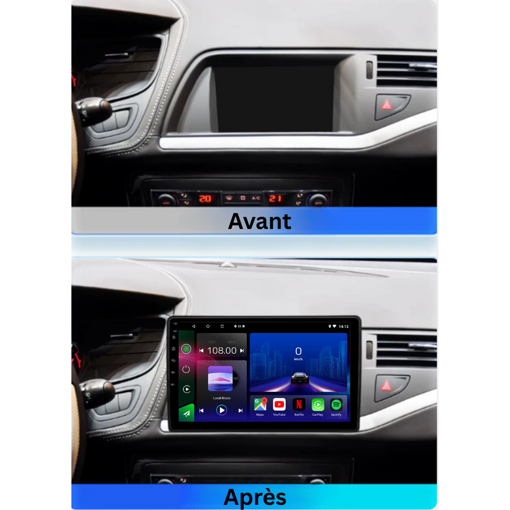 Autoradio Movyro Android 15 pour Citroën C5 2008-2016 avec Apple CarPlay et Android Auto, compatible avec plusieurs modèles GM et Chevrolet.
