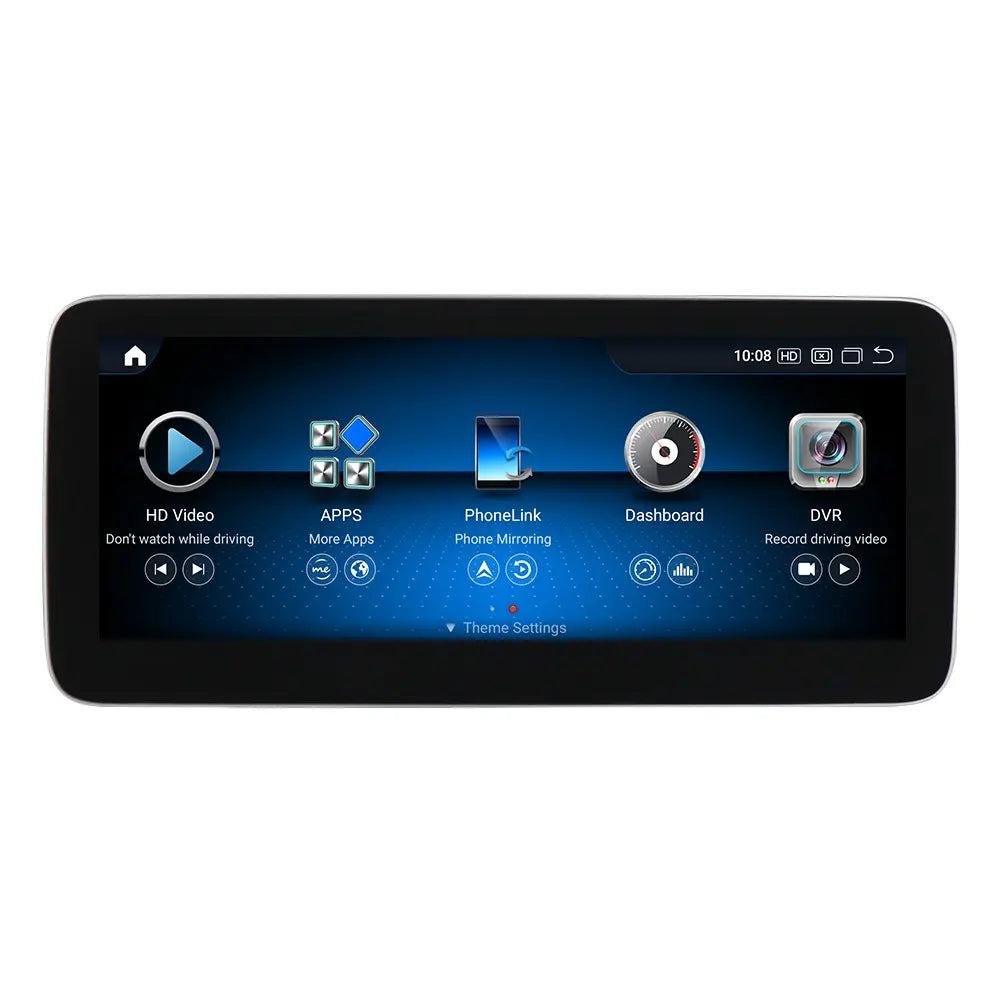 Autoradio Mercedes A Class GLA CLA 2011-2019 Movyro avec écran Android 15, CarPlay et Android Auto, vue de l'écran du stereo.