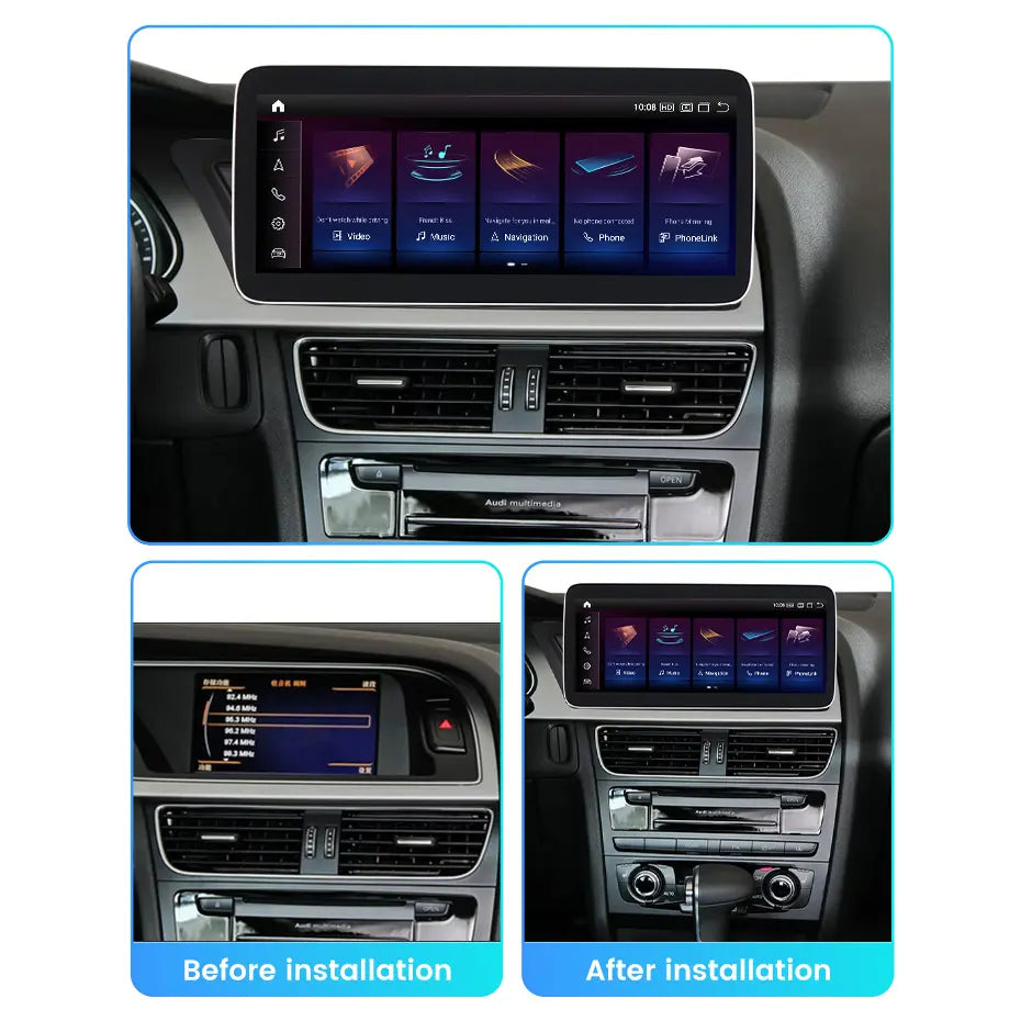 Autoradio Android 15 pour Audi A4 A5 B8 2007-2016 avec Apple CarPlay, Android Auto et système Bose, marque Movyro.