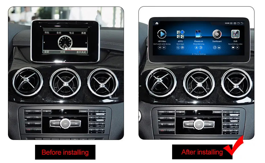 Autoradio Mercedes B Class 2011-2019 Movyro W246, écran Android 15, CarPlay et Android Auto, interface moderne et tactile.