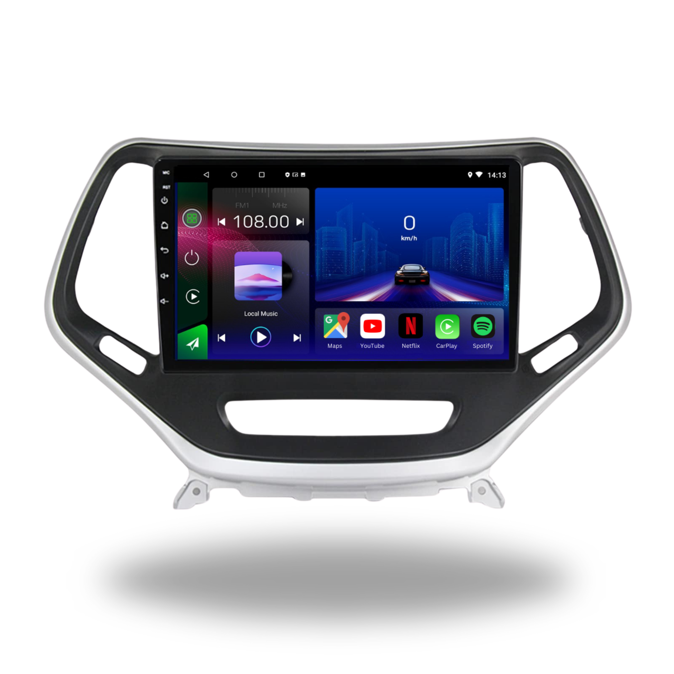 Movyro Android 15 autoradio with Apple CarPlay and Android Auto installed in a 2014-2018 Jeep Grand Cherokee.