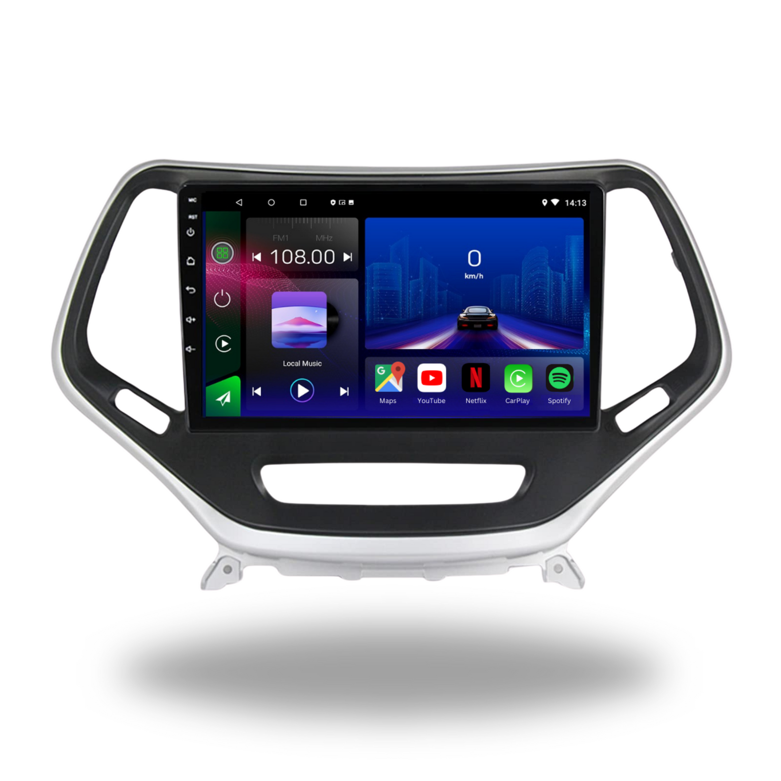 Movyro Android 15 autoradio with Apple CarPlay and Android Auto installed in a 2014-2018 Jeep Grand Cherokee.