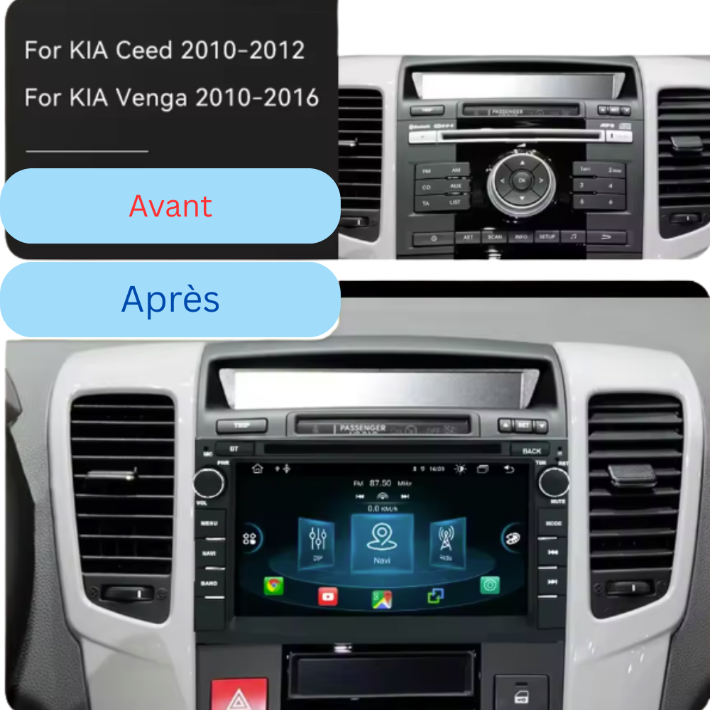 Autoradio Movyro Android 15 pour Kia Ceed Venga 2006-2019 avec Apple CarPlay et Android Auto, écran tactile.