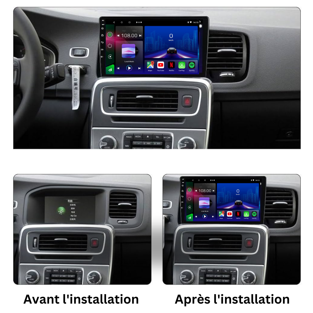 Autoradio Movyro pour Volvo S60 V60 2008-2018, écran tactile 9 pouces, Android 15, Apple CarPlay, Android Auto, tableau de bord.