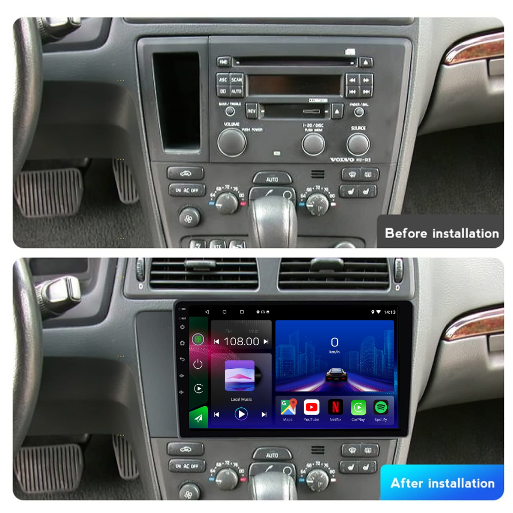 Movyro Android 15 autoradio for Volvo XC70, V70, S60 2004-2007 with Apple CarPlay and Android Auto, installed in left-hand drive vehicle.