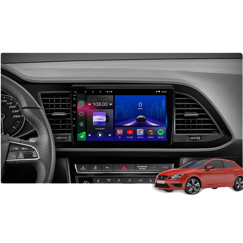 Movyro Seat Leon 2013-2020 autoradio with Android 15, Apple CarPlay, and Android Auto interface, shown installed in the dashboard.