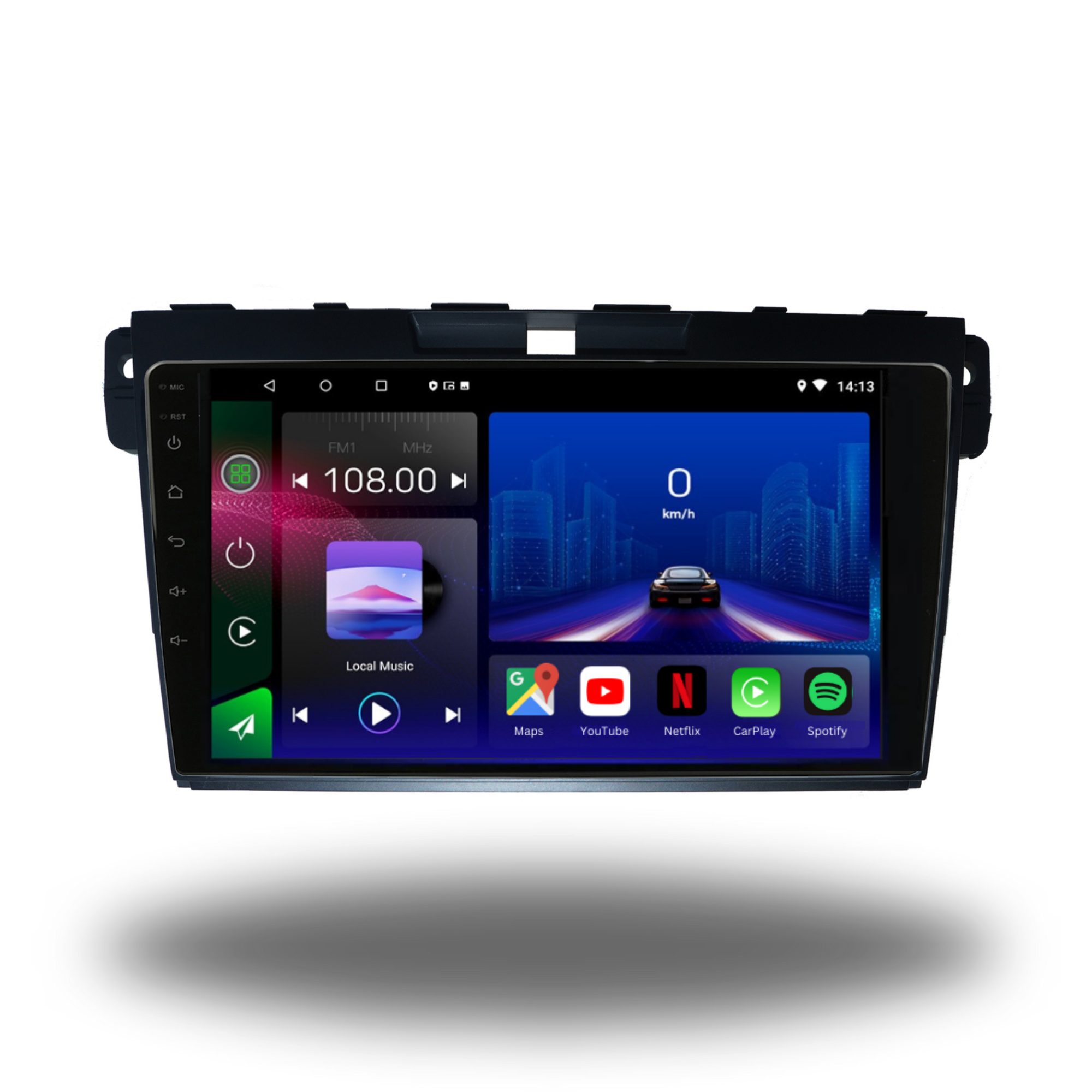 Movyro Mazda CX-7 2007-2012 autoradio with Android 15, Apple CarPlay, and Android Auto interface shown in the image.