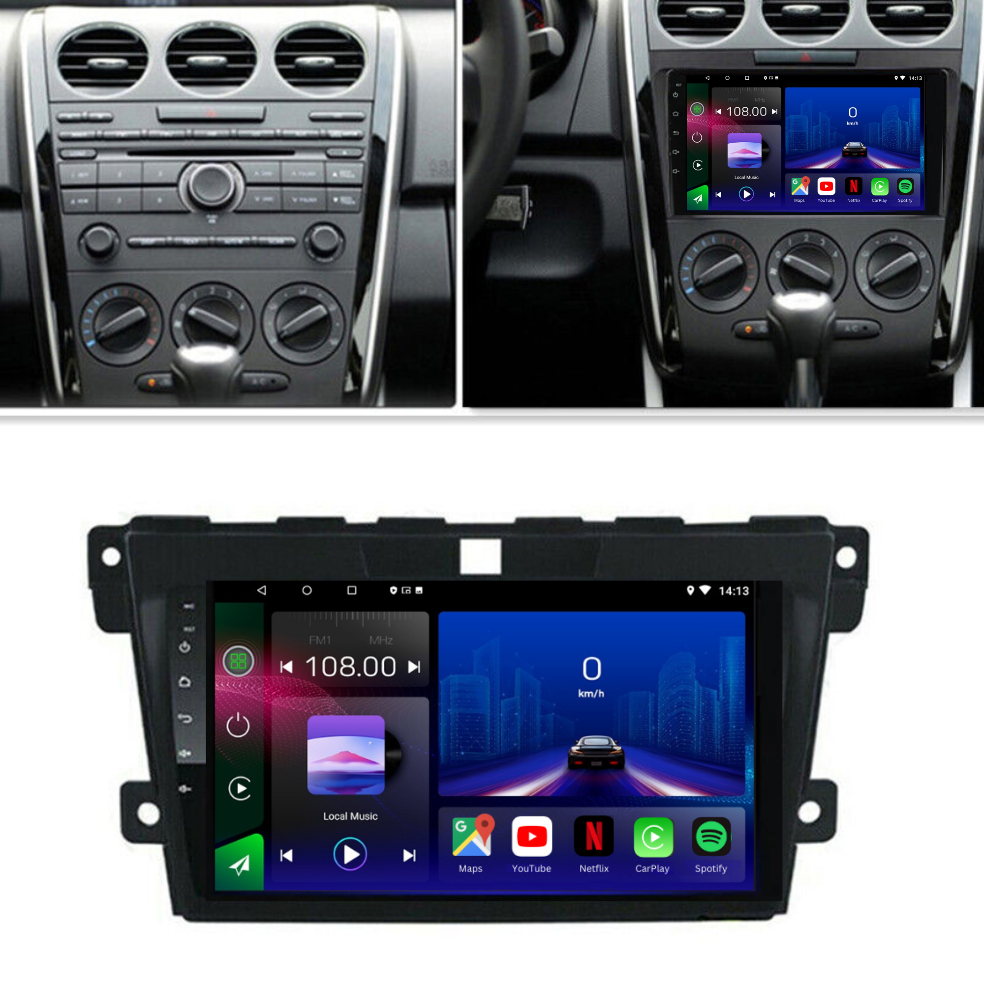 Movyro Mazda CX-7 2007-2012 autoradio with Android 15, Apple CarPlay, and Android Auto interface installed in the dashboard.