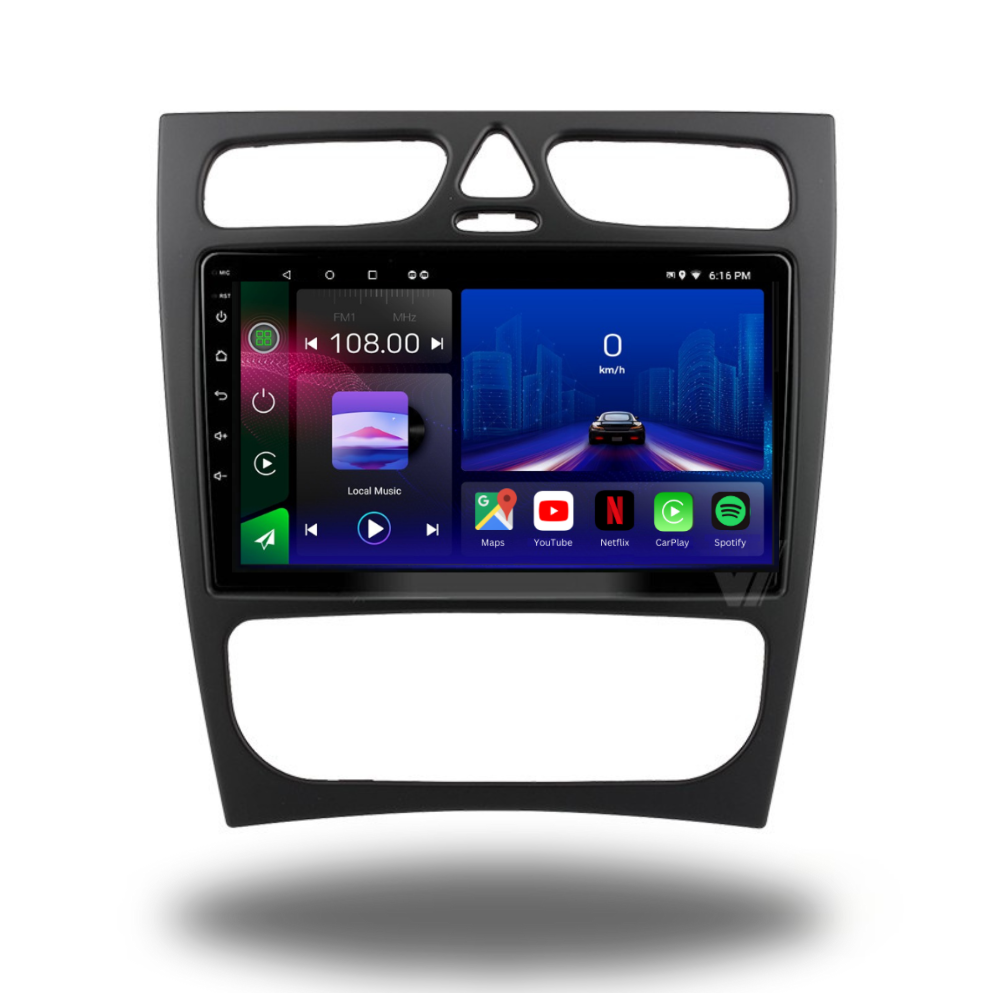 Mercedes C Class W203 2000-2010 autoradio by Movyro with Android 15, Apple CarPlay, and Android Auto connectivity.