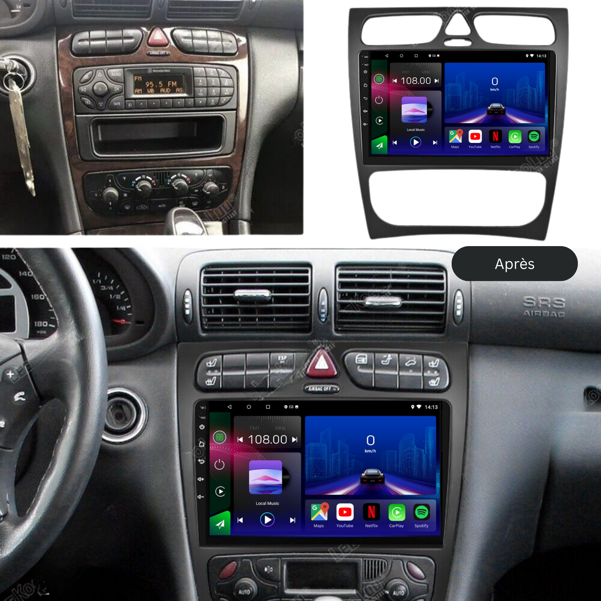 Mercedes C Class W203 2000-2010 Movyro Android 15 Autoradio with Apple CarPlay and Android Auto installed in the dashboard