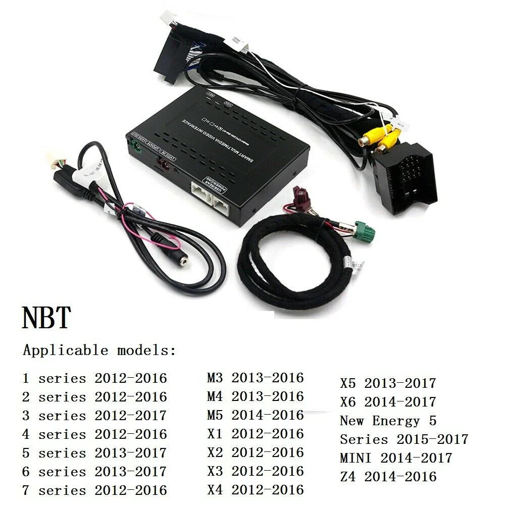 Movyro Apple CarPlay sans fil retrofit device for BMW with Android Auto decoding, shown connected to car dashboard system.