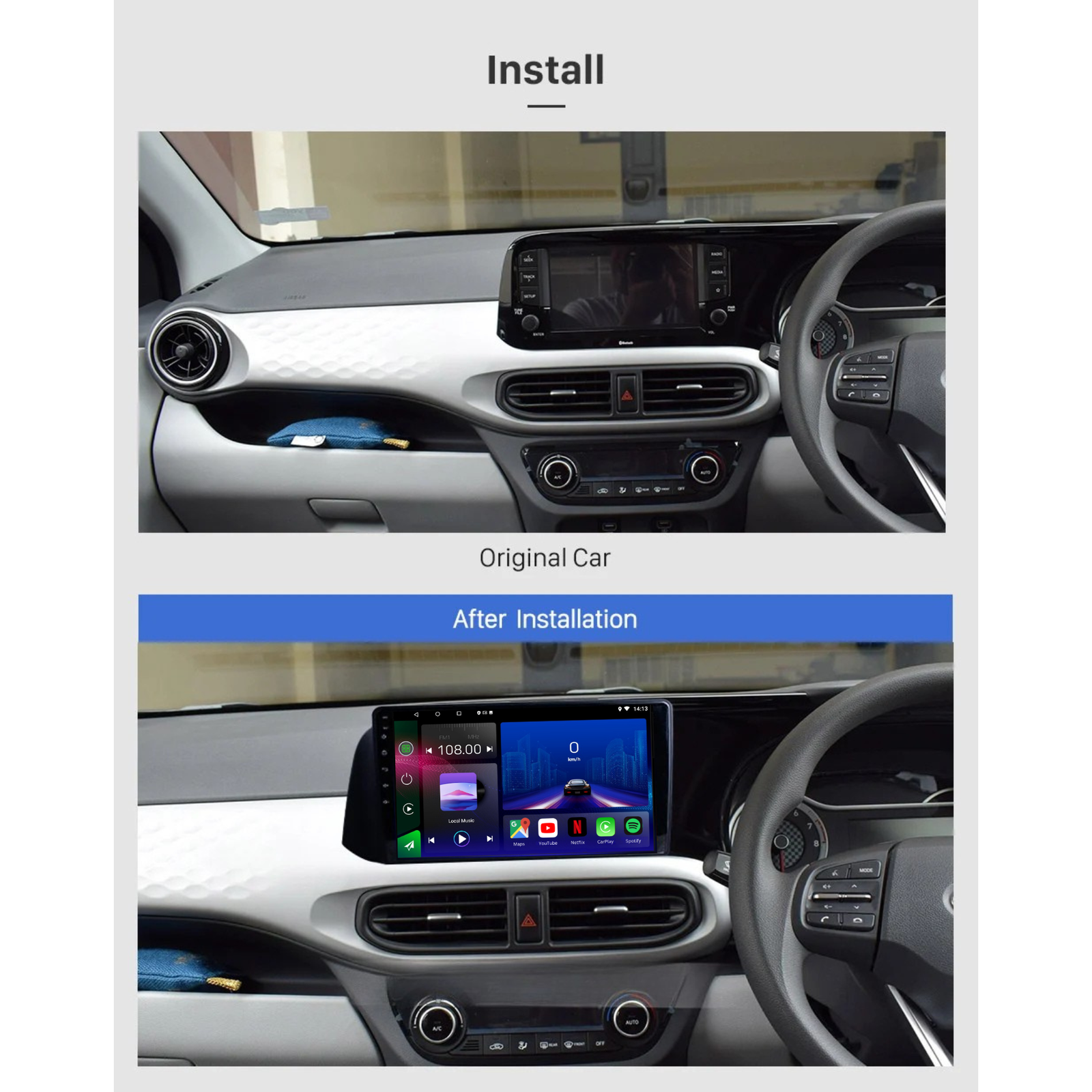Movyro Hyundai i10 2019-2023 Android 15 car stereo head unit with CarPlay and Android Auto, RHD dashboard display.