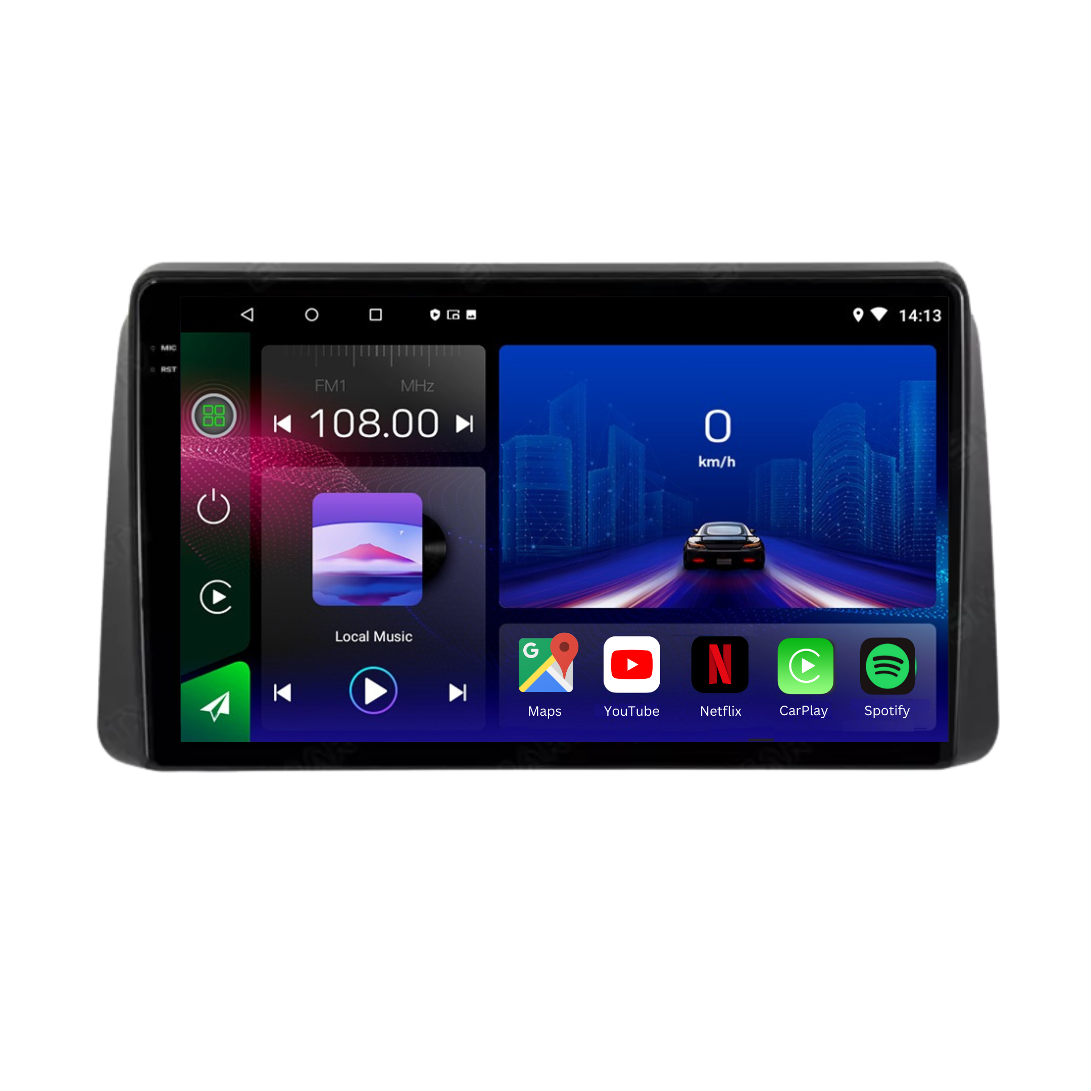Autoradio Movyro Android 15 pour Chrysler Grand Voyager 2011-2015 avec Apple CarPlay et Android Auto, écran tactile moderne.