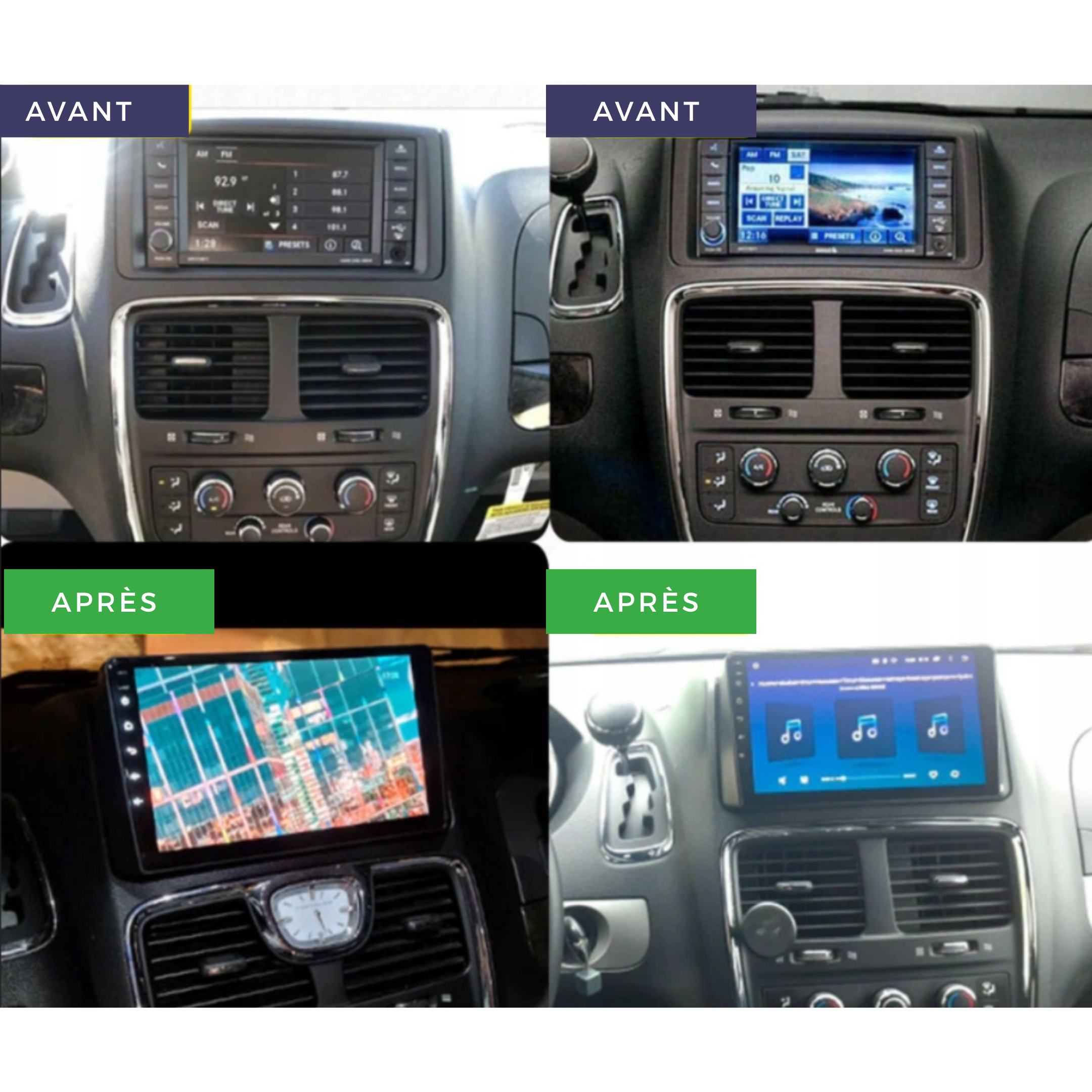 Autoradio Android 15 Movyro pour Chrysler Grand Voyager 2011-2015 avec Apple CarPlay et Android Auto, écran tactile moderne.