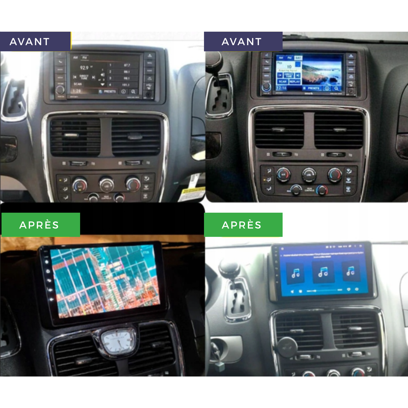 Autoradio Android 15 Movyro pour Chrysler Grand Voyager 2011-2015 avec Apple CarPlay et Android Auto, écran tactile moderne.