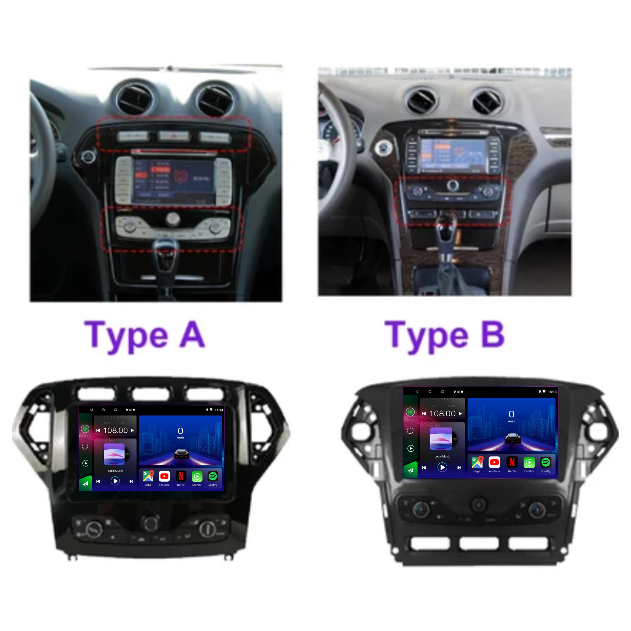 Autoradio Movyro pour Ford Mondeo MK4 2007-2011 avec écran Android 15, Apple CarPlay et Android Auto, affichage du tableau de bord.