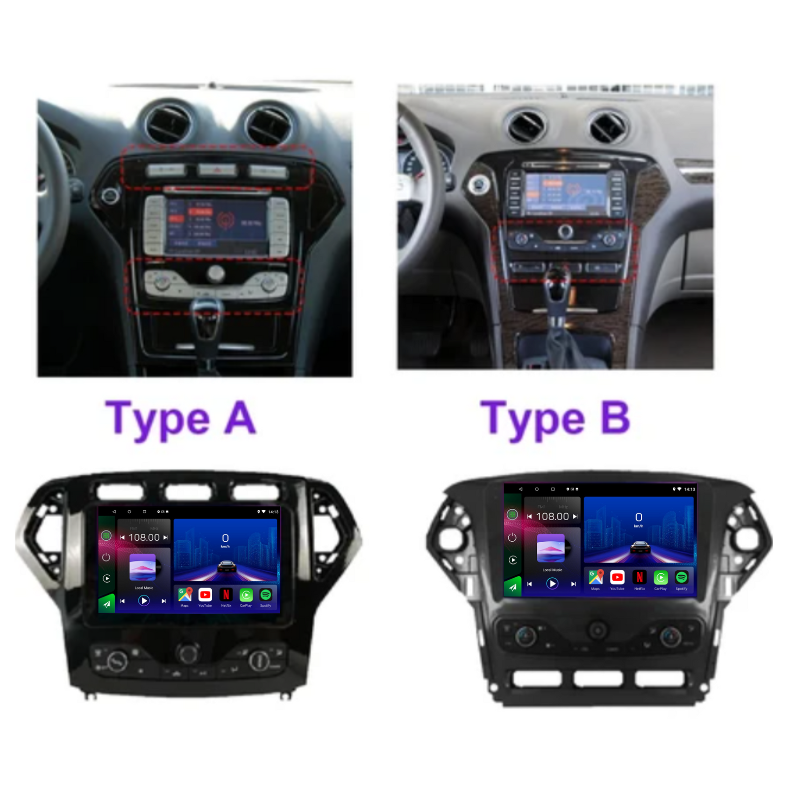 Autoradio Movyro pour Ford Mondeo MK4 2007-2011 avec écran Android 15, Apple CarPlay et Android Auto, affichage du tableau de bord.