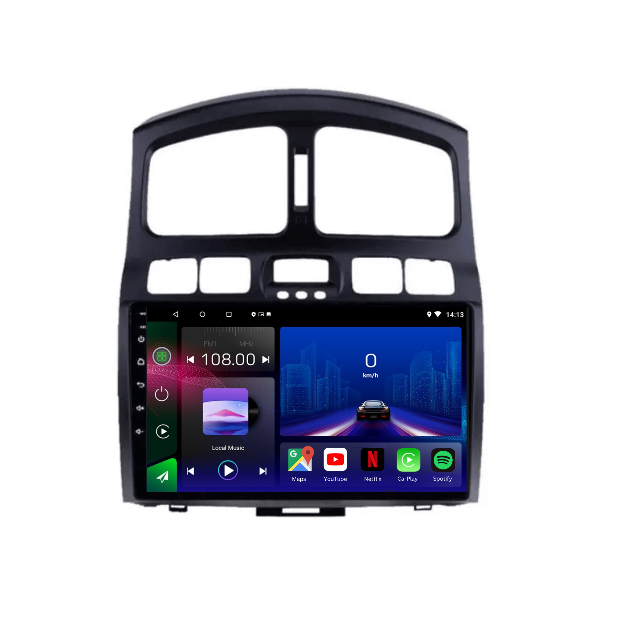 Movyro Android 15 autoradio for Hyundai Santa Fe 2001-2006 with Apple CarPlay and Android Auto, shown installed in vehicle dashboard