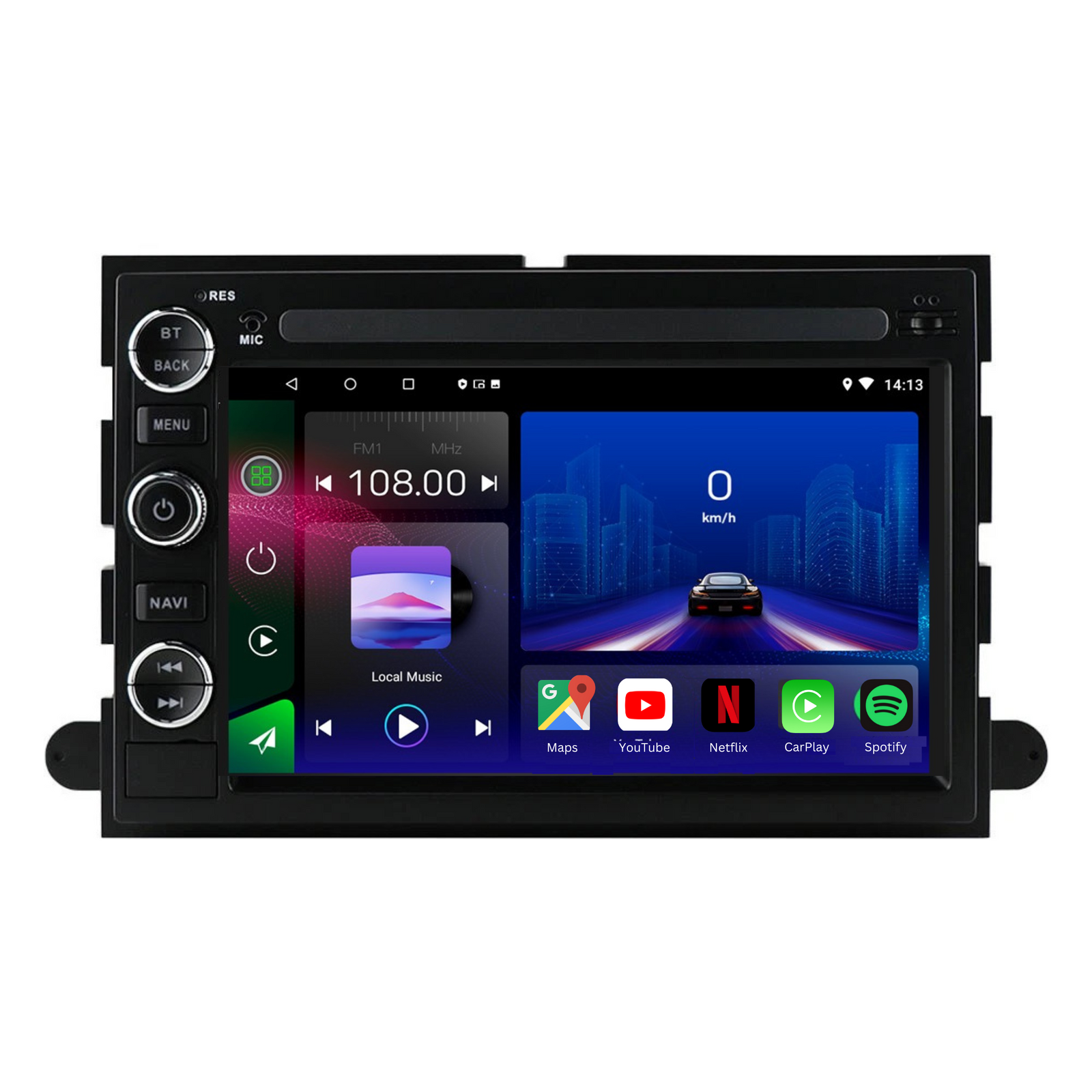 Movyro Ford Explorer 2006-2010 Android 15 autoradio with Apple CarPlay and Android Auto interface, touchscreen display.