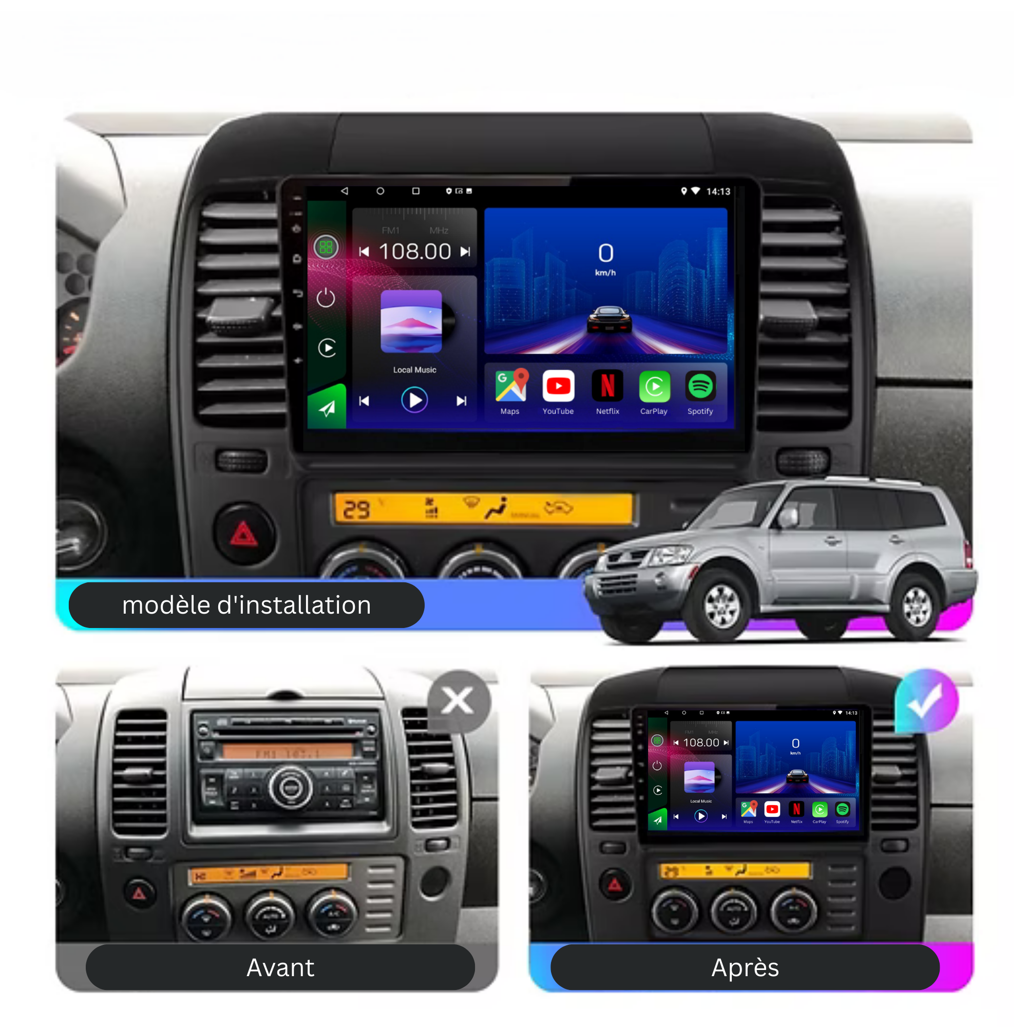 Autoradio Android 15 Movyro pour Nissan Navara D40 2005-2012 avec Apple CarPlay et Android Auto, écran tactile moderne.