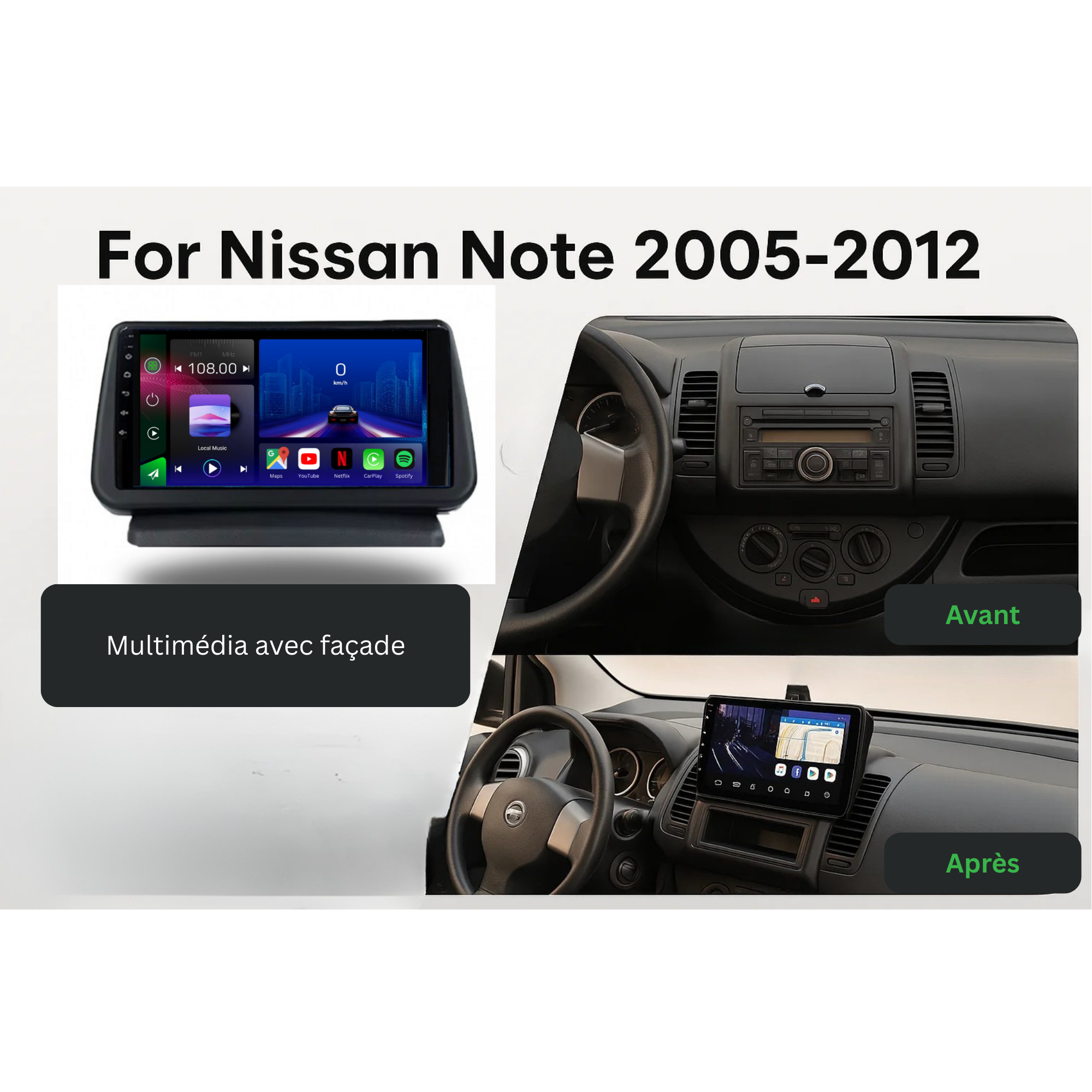 Movyro Nissan Note 2005-2012 Android 15 autoradio with Apple CarPlay and Android Auto display showing touchscreen interface.