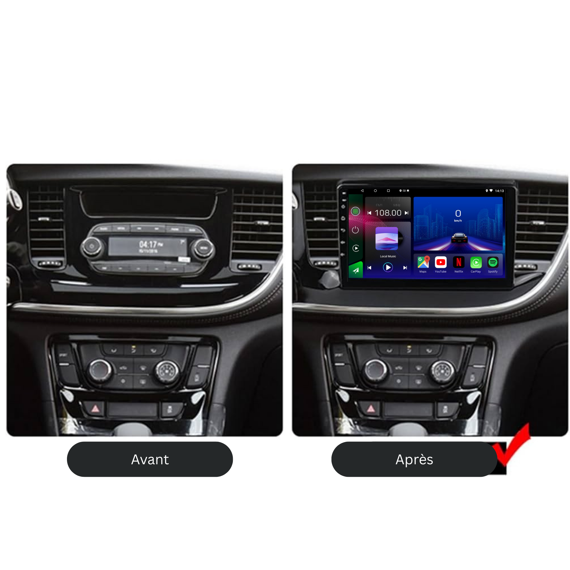 Movyro Opel Mokka 2016-2019 autoradio with Android 15, Apple CarPlay, and Android Auto interface installed in the dashboard.