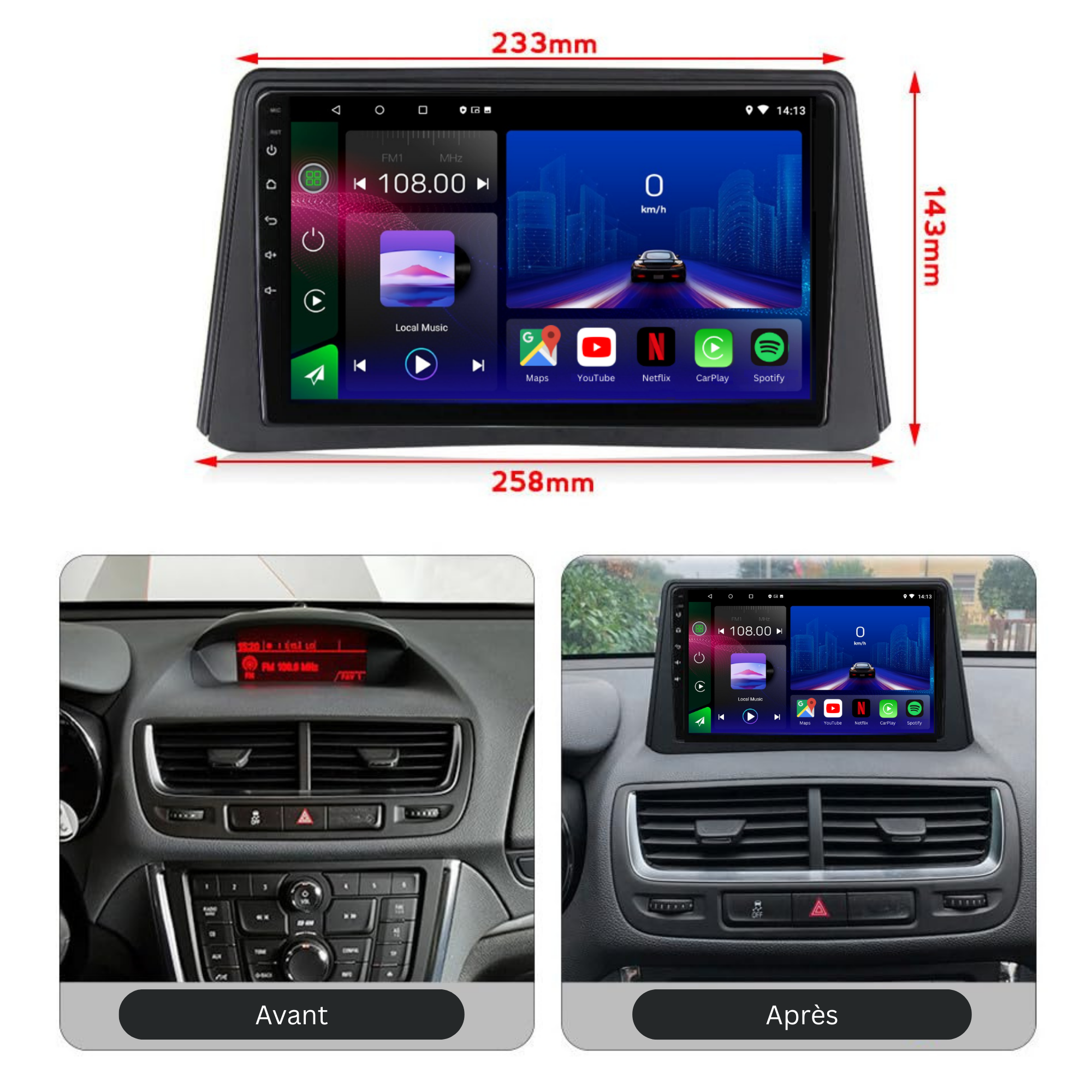 Autoradio Movyro Android 15 pour Opel Mokka 2012-2016 avec Apple CarPlay et Android Auto, écran tactile moderne.