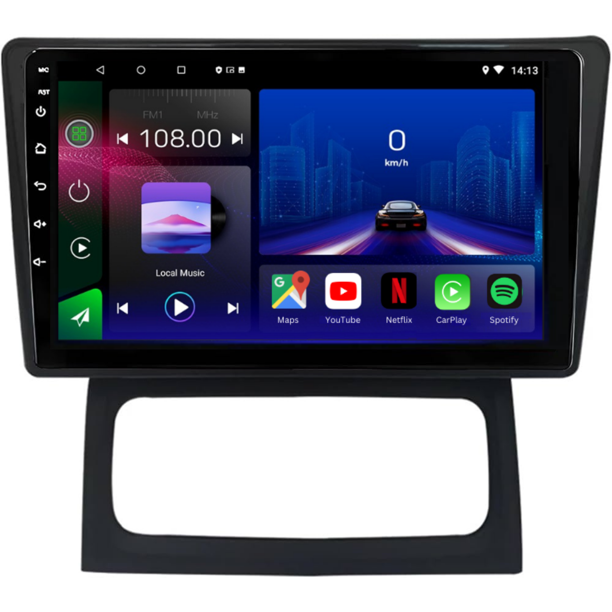 Autoradio Movyro Android 15 pour Renault Clio 2 (2001-2012) avec Apple CarPlay et Android Auto, vue de l'écran du tableau de bord.