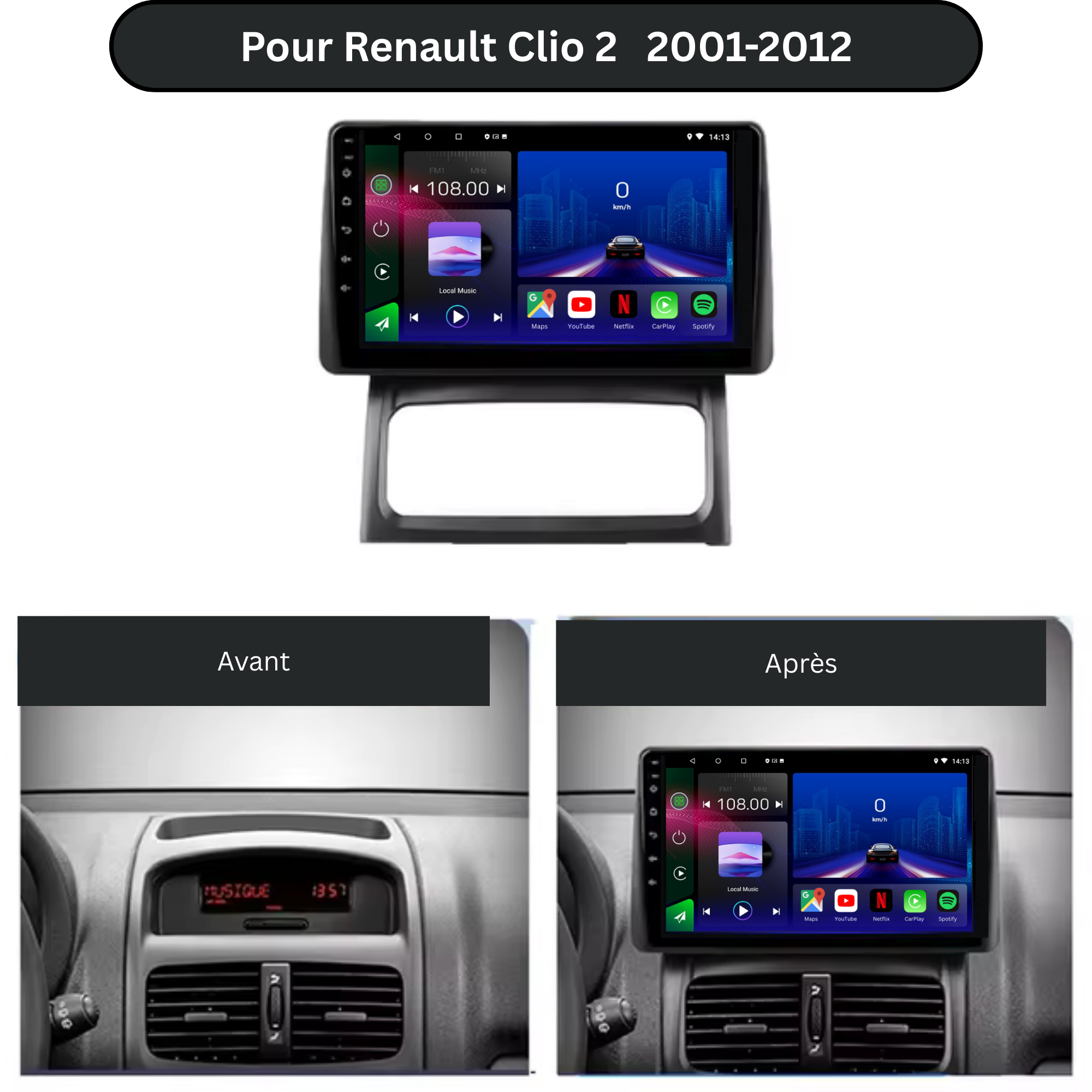 Autoradio Movyro Android 15 pour Renault Clio 2 (2001-2012) avec Apple CarPlay et Android Auto, affichage du tableau de bord.