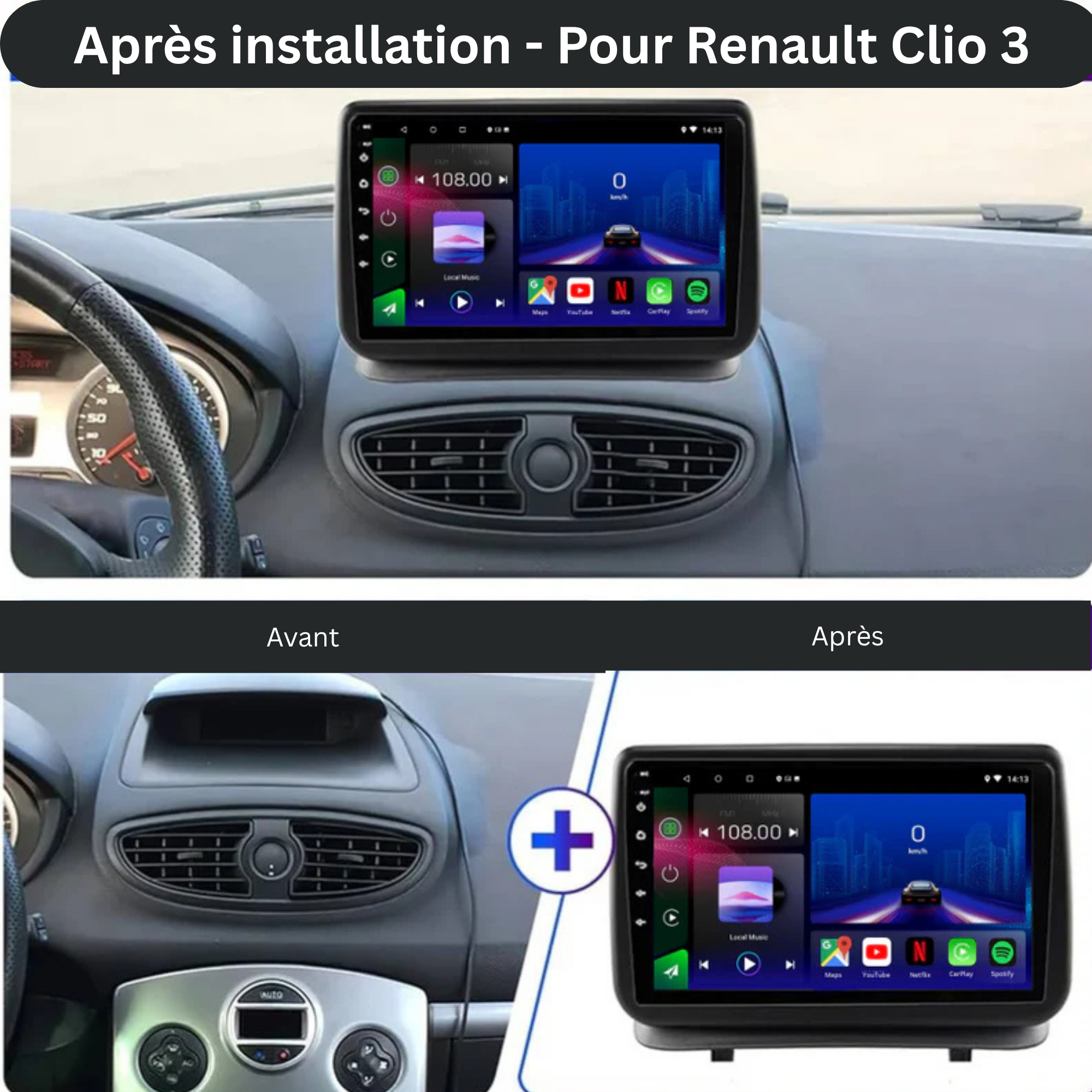 Movyro Android 15 autoradio installed in Renault Clio 3 (2005-2014) with Apple CarPlay and Android Auto compatibility.