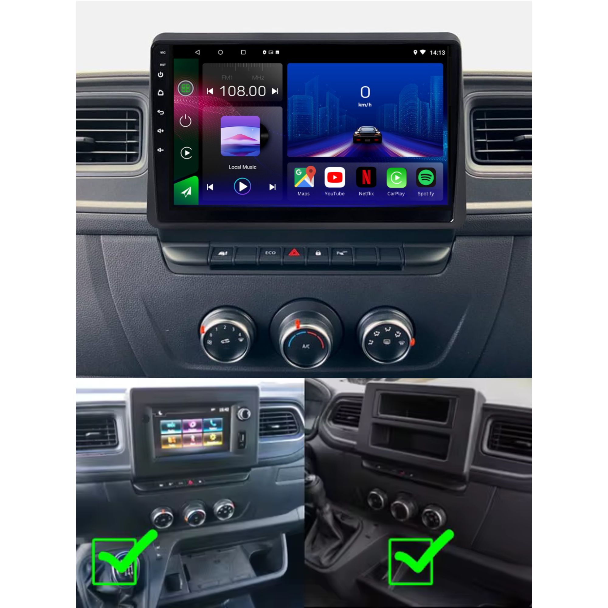 Movyro Android 15 autoradio for Renault Master, Opel Movano B, Nissan NV400 2019-2025 with Apple CarPlay and Android Auto interface.