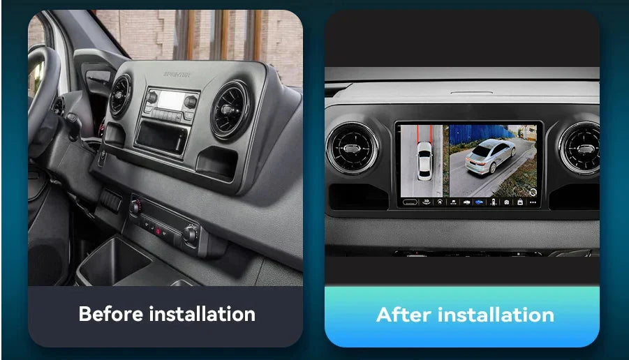 Autoradio Movyro Mercedes Sprinter 2018-2024 avec Android 15, Apple CarPlay et Android Auto, écran tactile moderne.