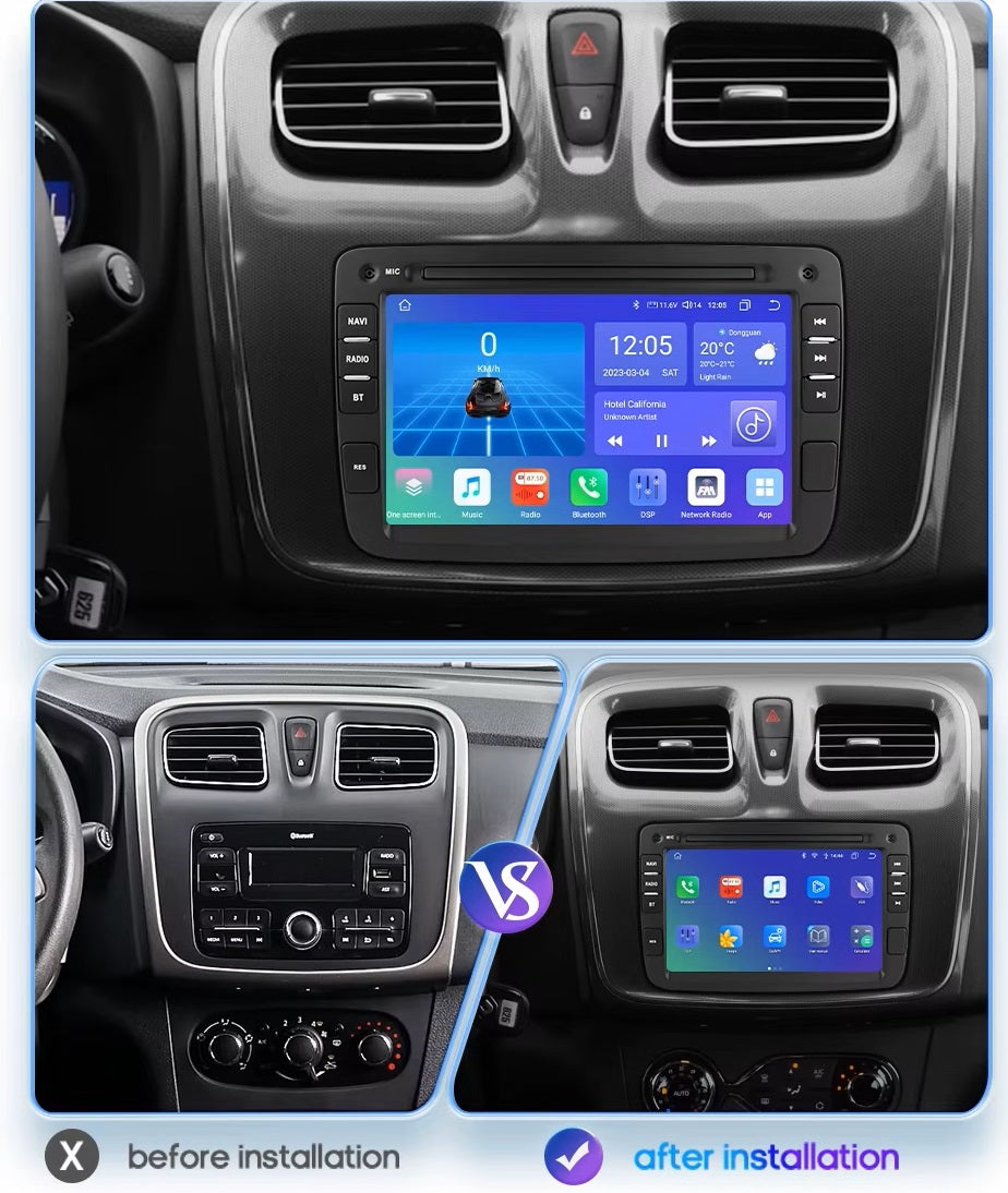 Movyro Dacia Universal Android 15 Autoradio with Apple CarPlay and Android Auto interface, touchscreen display in a vehicle dashboard