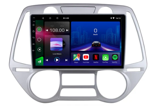 Movyro Android 15 autoradio for Hyundai i20 (2008-2012) with Apple CarPlay and Android Auto displayed on screen.
