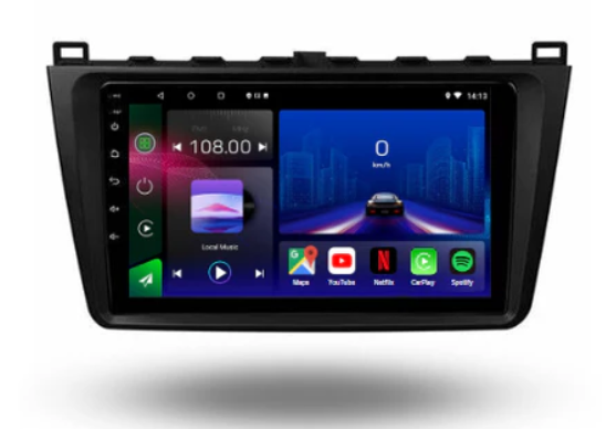 Autoradio Movyro Mazda 6 2009-2012 avec Android 15, Apple CarPlay et Android Auto affiché à l'écran.