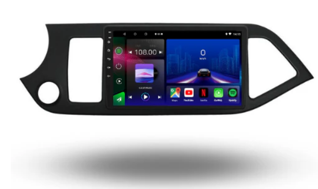 Movyro Android 15 Autoradio for Kia Picanto (2011-2016) with Apple CarPlay and Android Auto displayed on the screen.