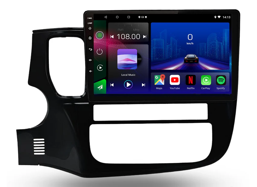 Autoradio Movyro Android 15 pour Mitsubishi Outlander 2012-2018 avec Apple CarPlay et Android Auto, écran affichant l'interface.