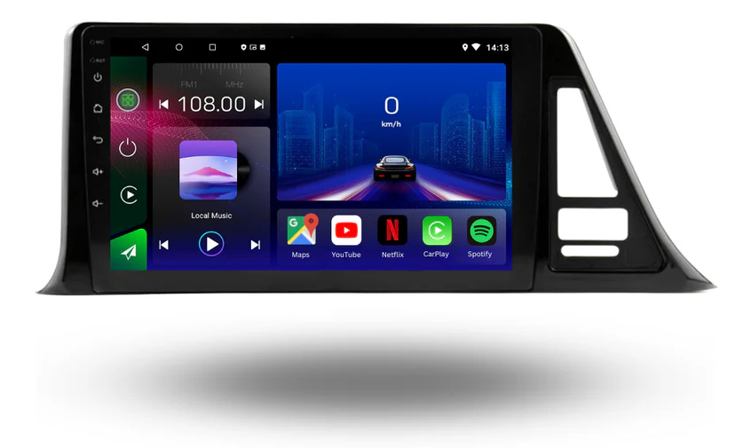 Movyro Android 15 autoradio for Toyota CH-R (2016-2019) with Apple CarPlay and Android Auto interface on screen.