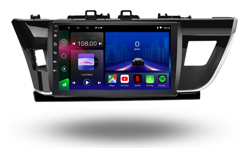 Movyro Android 15 autoradio screen for Toyota Corolla 2013-2016 or Auris 2012-2016 with Apple CarPlay and Android Auto features.