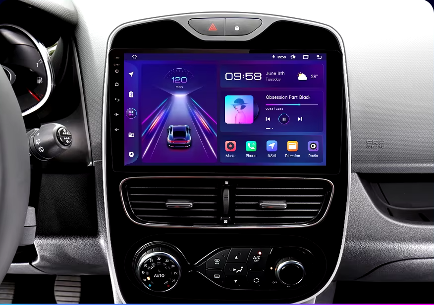 Movyro Android 15 autoradio for Renault Clio 4 (2012-2021) with Apple CarPlay and Android Auto interface on screen.