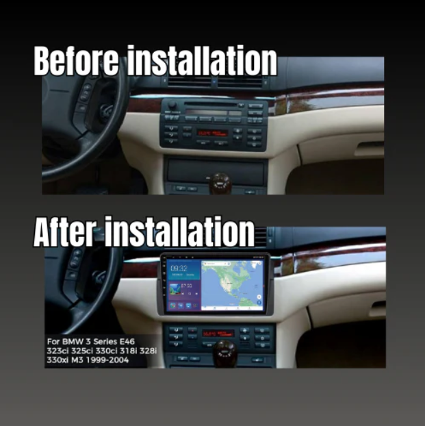Autoradio Android 15 pour BMW 3 Series E46 1997-2006 avec Apple CarPlay et Android Auto, interface numérique moderne.