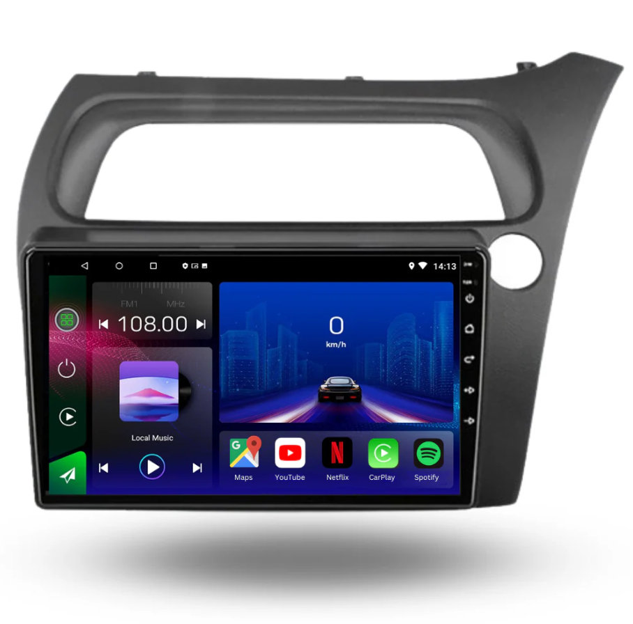 Autoradio Android 15 Movyro pour Honda Civic 2006-2011 avec Apple CarPlay et Android Auto, écran tactile moderne.