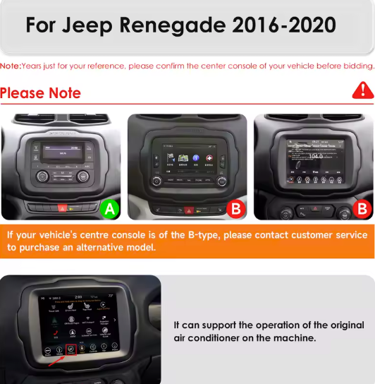 Autoradio Movyro Android 15 pour Jeep Renegade 2016-2020 avec Apple CarPlay et Android Auto, écran de menu visible.