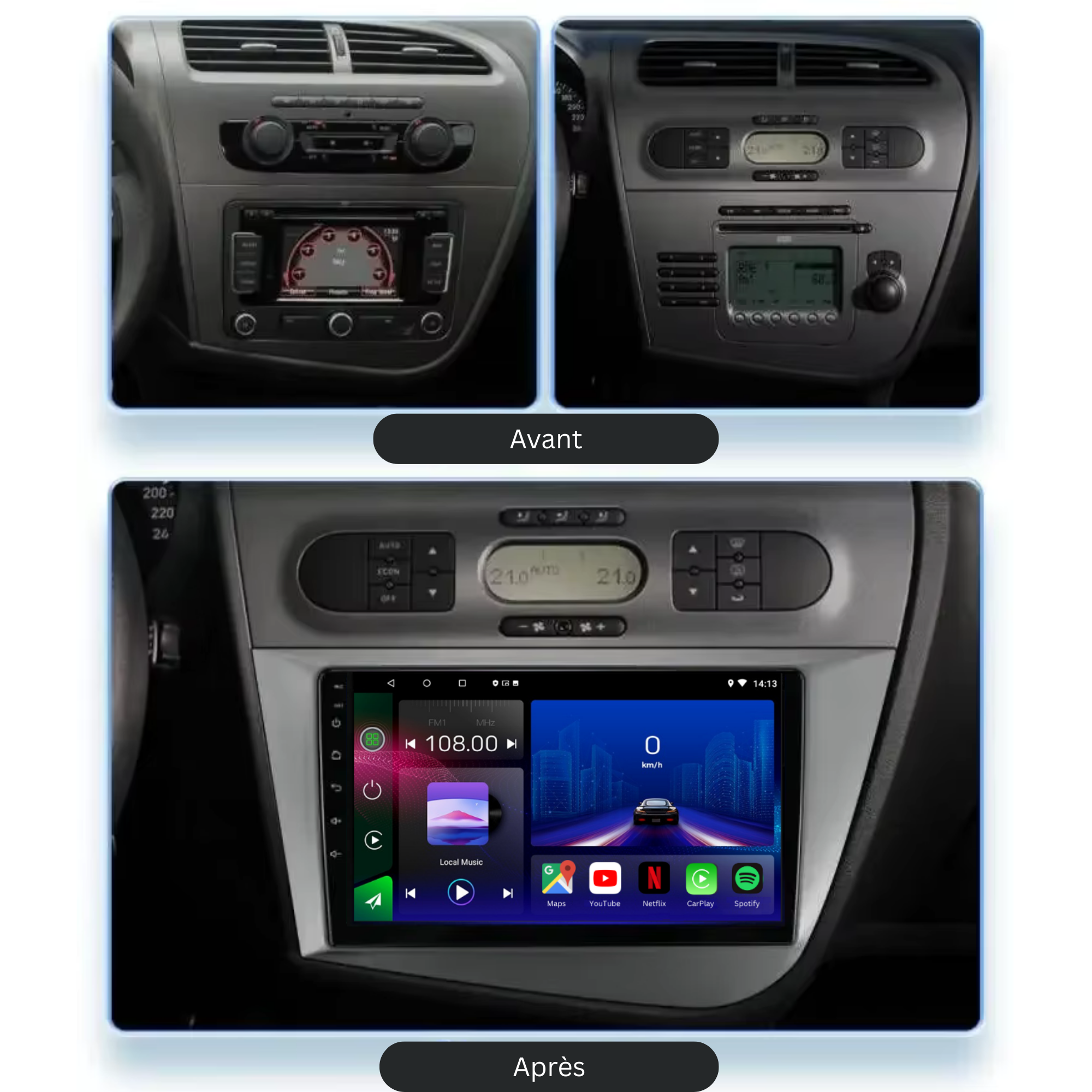Autoradio Movyro pour Seat Leon 2 MK2 (2005-2012) avec Android 15, Apple CarPlay et Android Auto, écran tactile moderne.