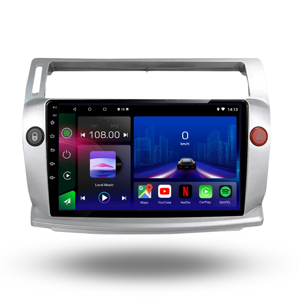 Silver Movyro Android 15 autoradio for Citroen C4 C-Triomphe C-Quatre 2004-2009 with Apple CarPlay and Android Auto.