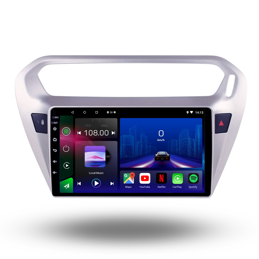 Movyro Android 15 autoradio for Citroen C-Elysee and Peugeot 301 2014-2018, featuring Apple CarPlay and Android Auto, silver display.