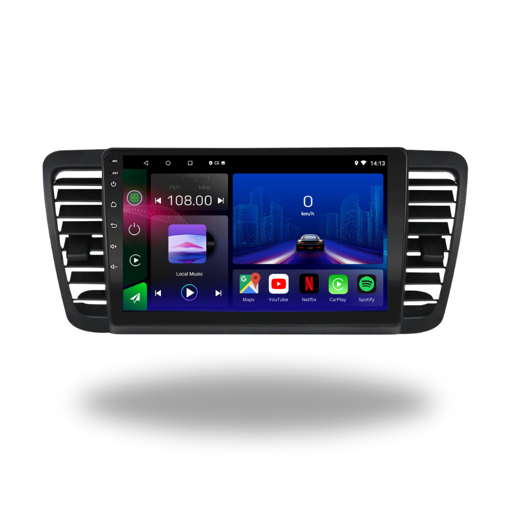 Movyro Android 15 autoradio installed in Subaru Outback Legacy Liberty 2004-2009, featuring Apple CarPlay and Android Auto connectivity.
